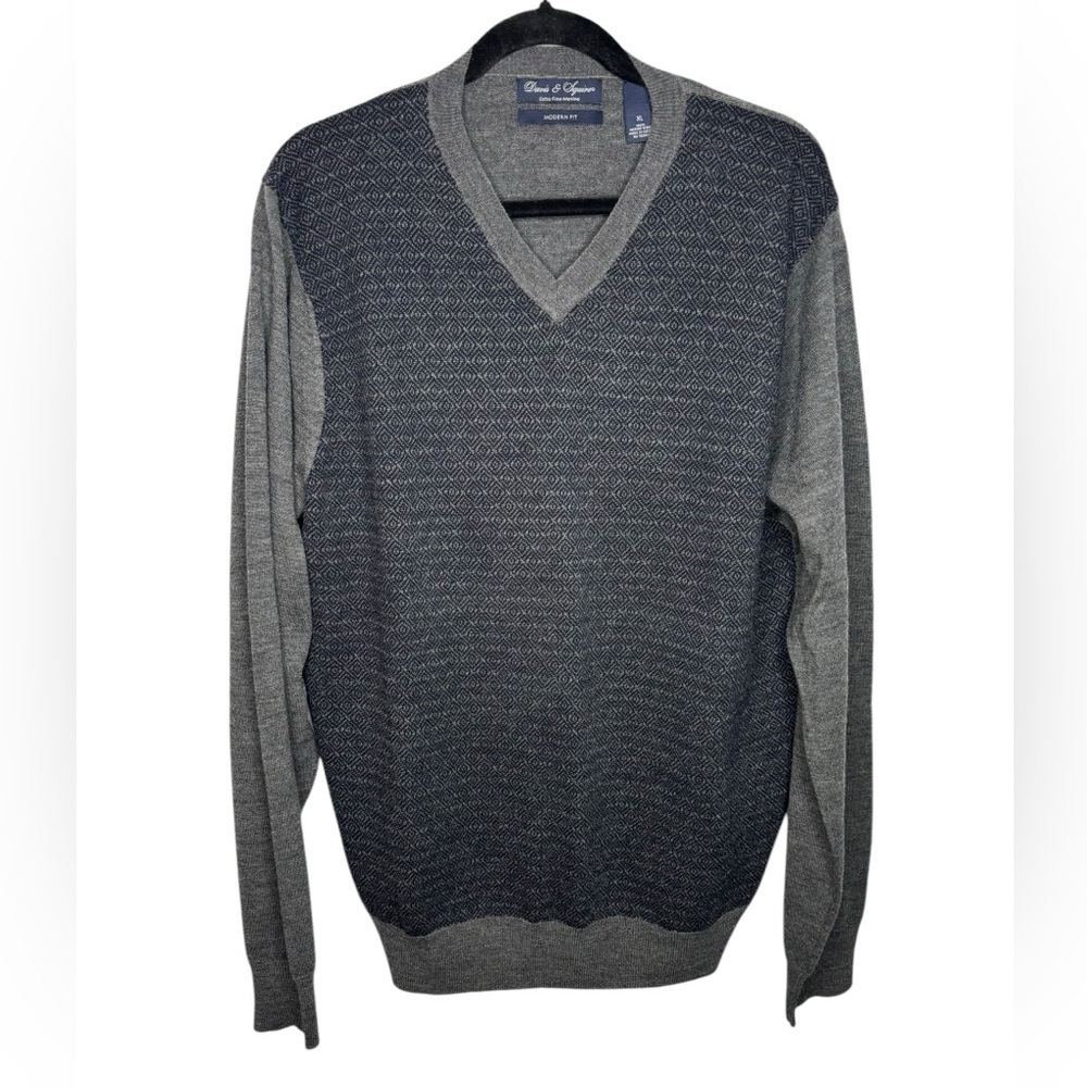 Davis & Squire Grey Extra Fine Merino Wool V-Neck Pullover Sweater Mens XL